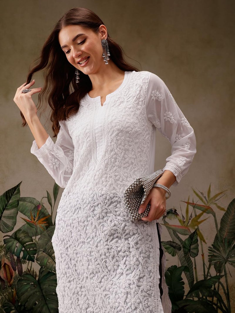 Ada Hand Embroidered Indian Chikankari Kurta Kurti Faux Georgette Tunic for Women XL95485_White - Image 5